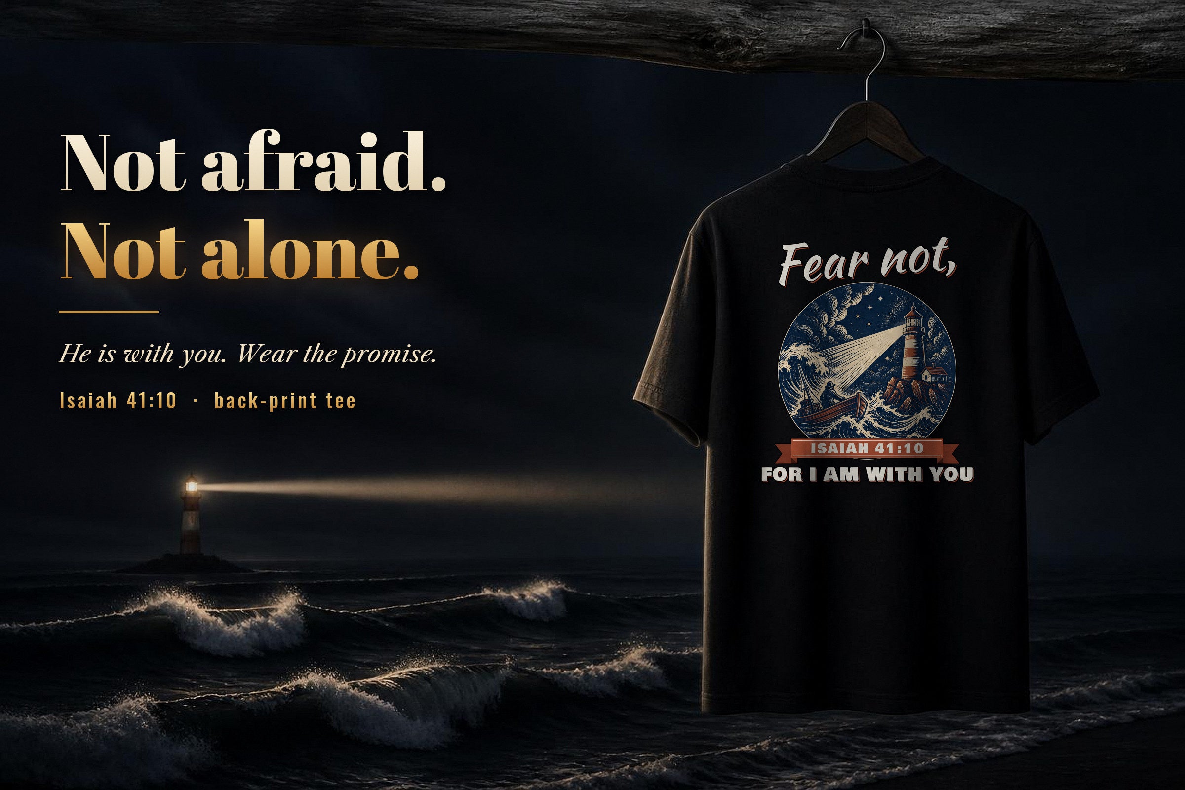 Isaiah 41:10 back-print tee: lighthouse design