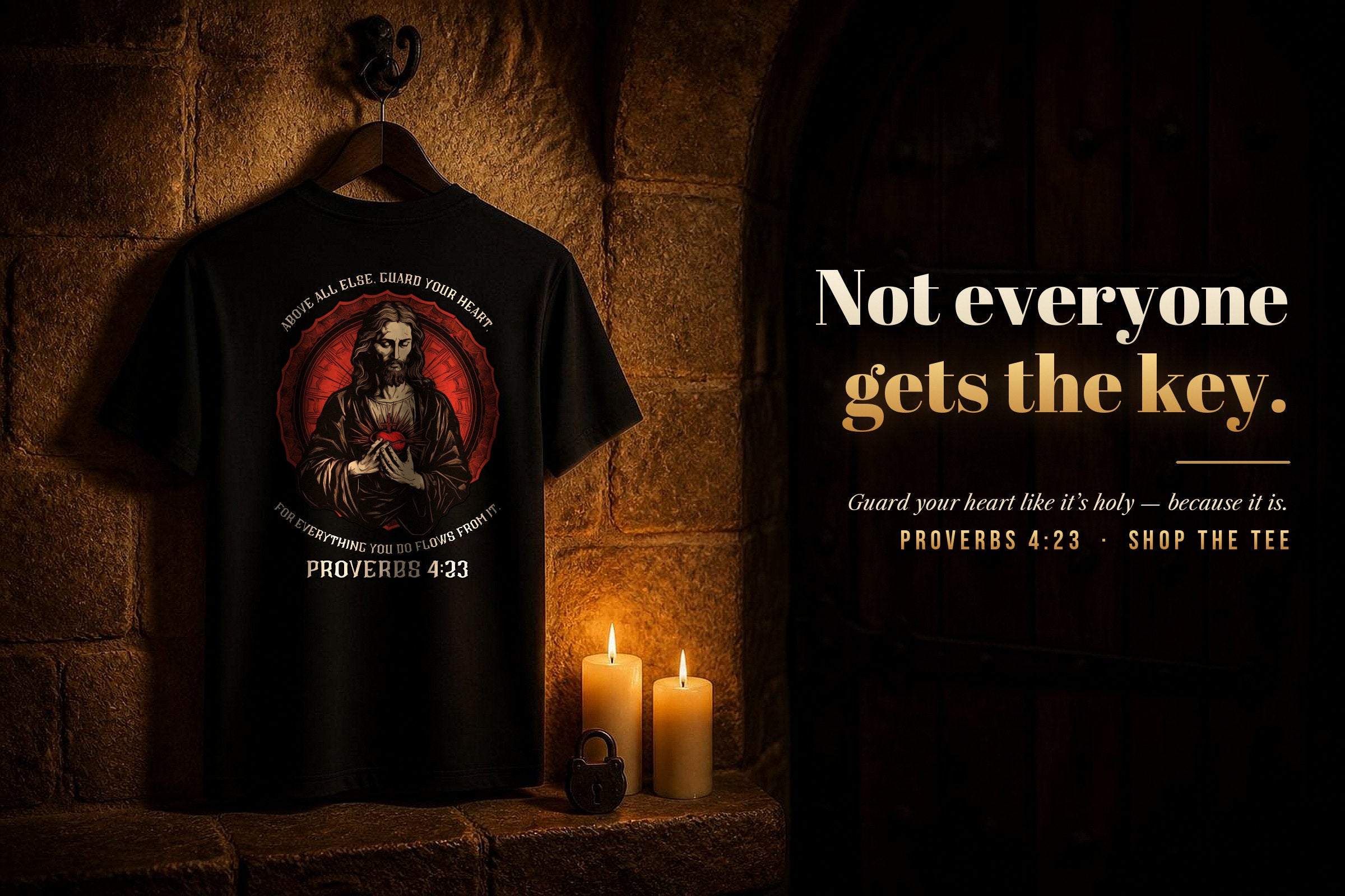 Proverbs 4:23 back-print tee hanging by candlelight